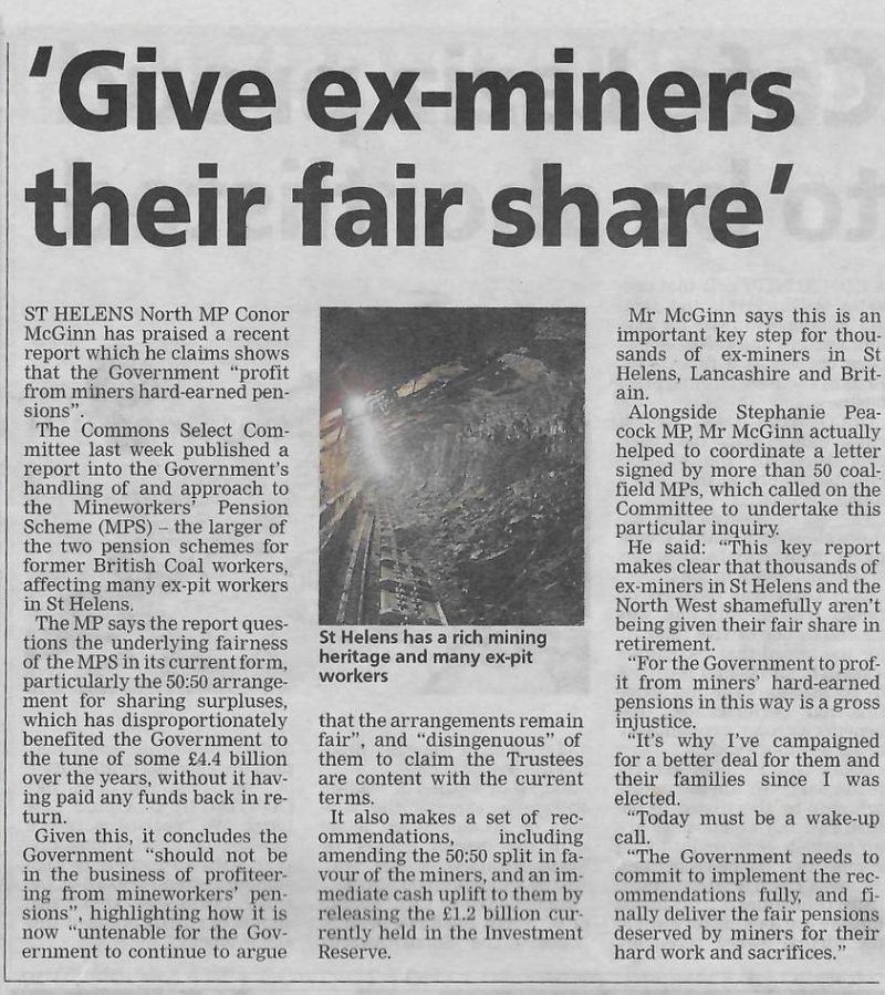 Conor McGinn MP calls on the Government to finally give ex-miners in St Helens North, Lancashire and Britain their fair share