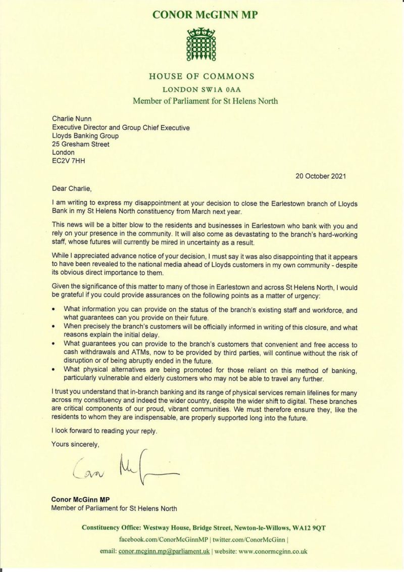 Conor McGinn MP raises concerns with Lloyds Banking Group over the closure of the Earlestown branch