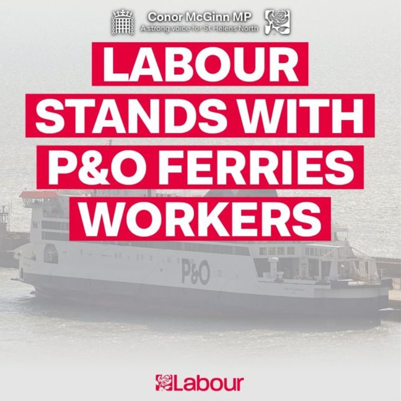 Conor McGinn MP stands side-by-side with P&O Ferries