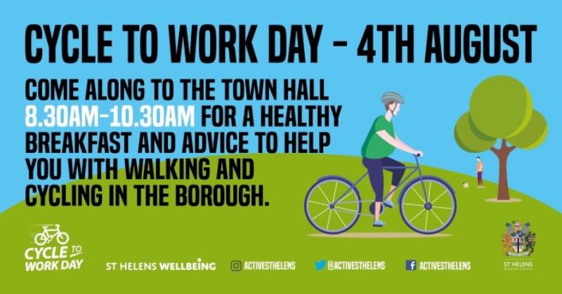 St Helens Council graphic with bike rider, promoting Cycle to Work Day