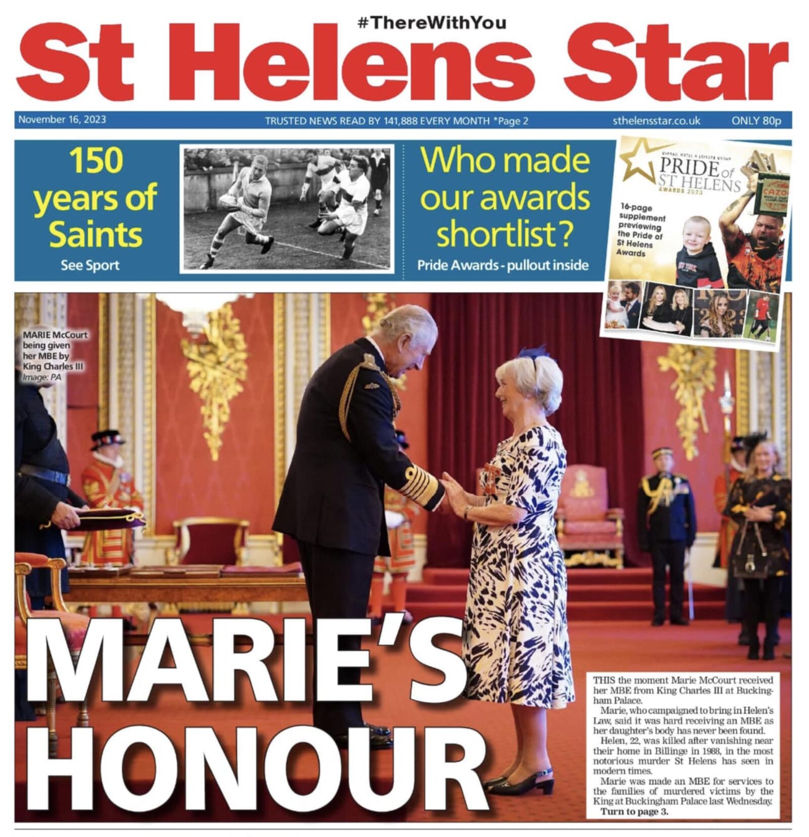 St Helens Front Page Clipping showing Marie recieving her MBE